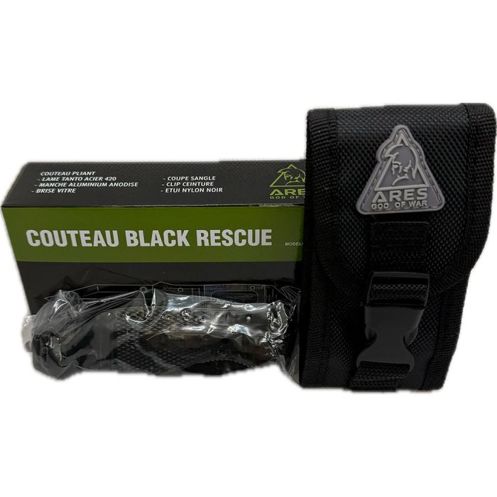 Couteau pliant "RESCUE" avec étui / Noir. ARES.