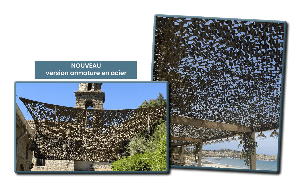 Filet de camouflage renforcé, câble acier / 80% d'ombrage /  300 Deniers  / Voile d'ombrage / Blanc. BARTAVEL.