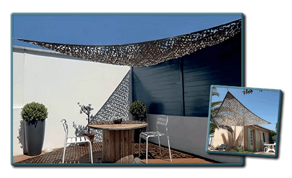 Filet de camouflage Triangulaire renforcé, cordé / 80% d'ombrage /  300 Deniers  / Sable, Beige. BARTAVEL.