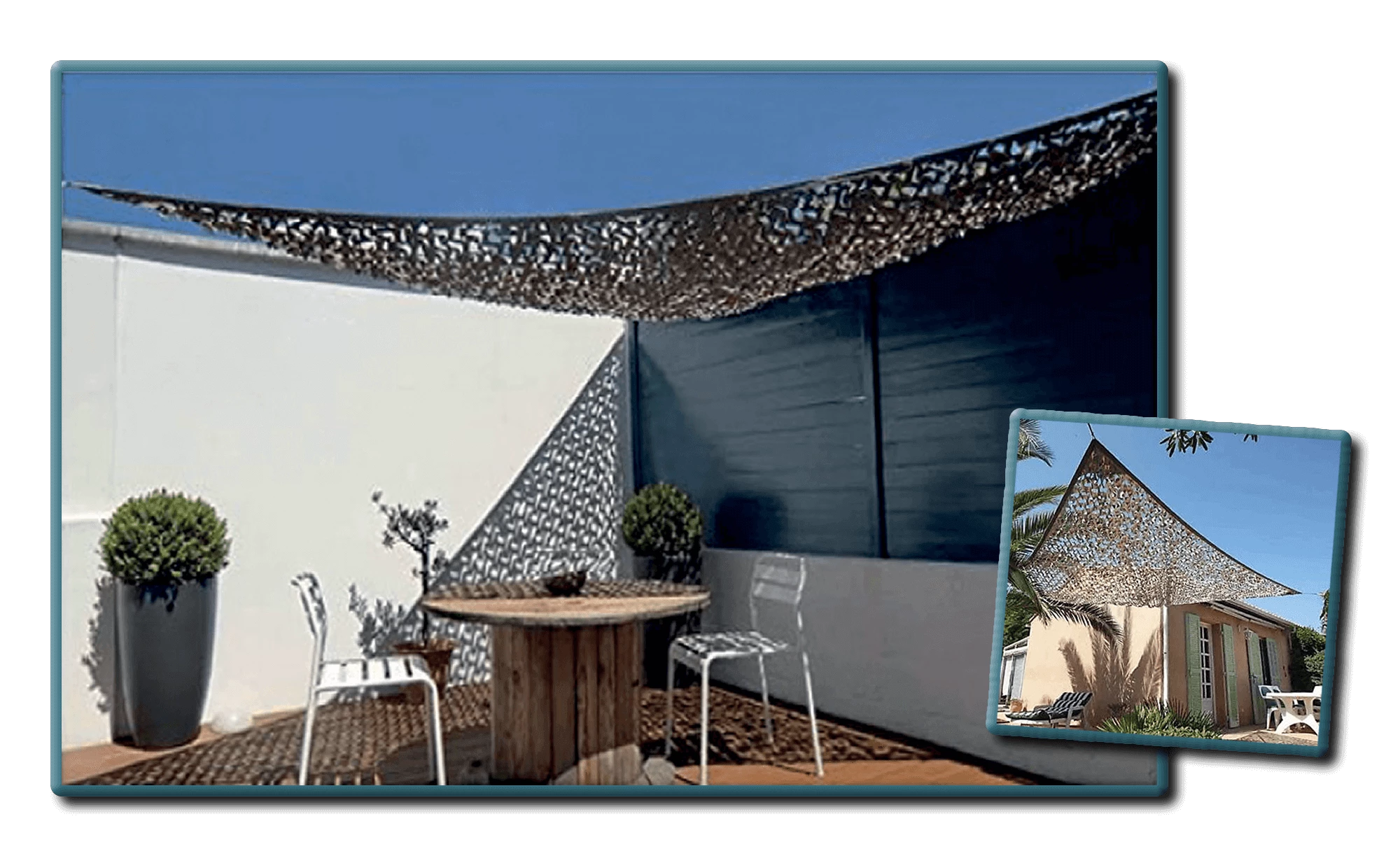 Filet de camouflage Triangulaire renforcé, cordé / 80% d'ombrage /  300 Deniers  / Sable, Beige. BARTAVEL.