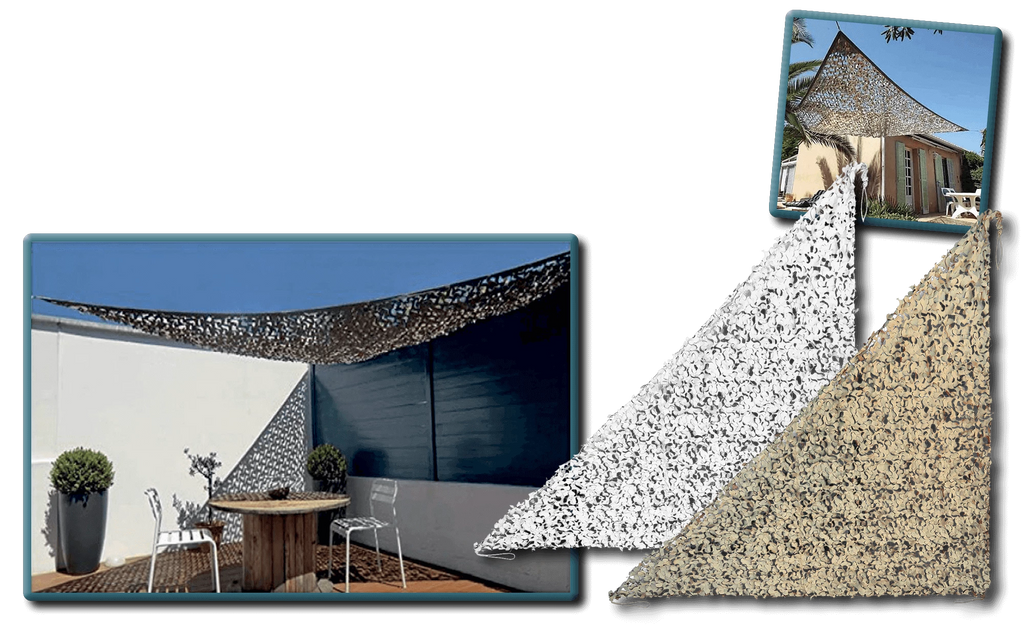 Filet de camouflage Triangulaire renforcé, cordé / 80% d'ombrage /  300 Deniers  / Sable, Beige. BARTAVEL.