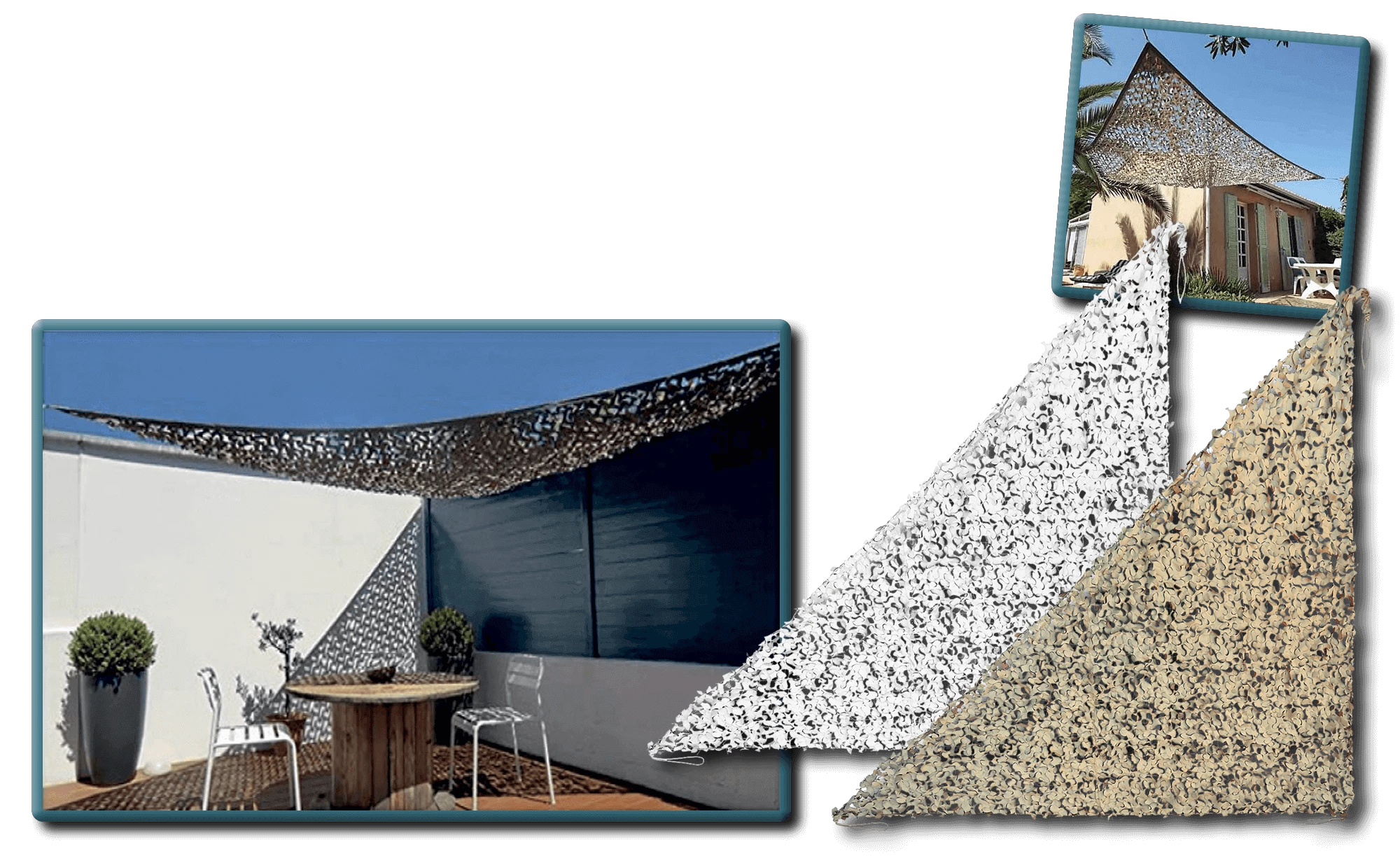 Filet de camouflage Triangulaire renforcé, cordé / 80% d'ombrage /  300 Deniers  / Blanc. BARTAVEL.