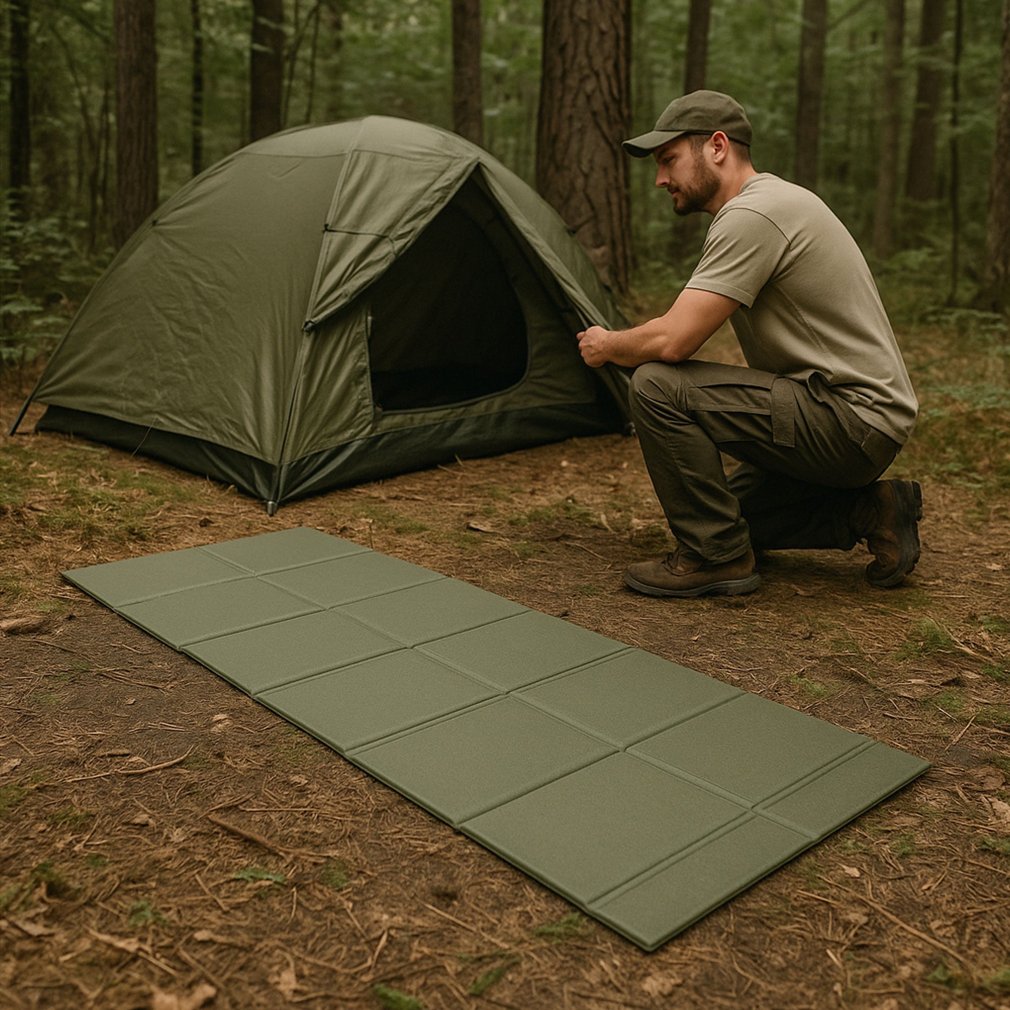 Tapis de sol pliable en XPE vert armée / Carré Mat.
